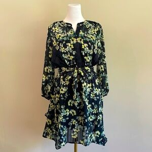 VERA WANG Blouson Tie Waist Long Sleeve Short Dress w Ruffle Skirt Accent